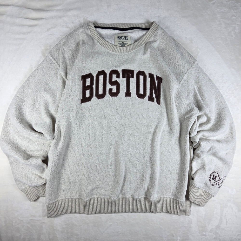 New York Popular Sweatshirt Mens XL Oatmeal Boston Applique Collegiate Crewneck